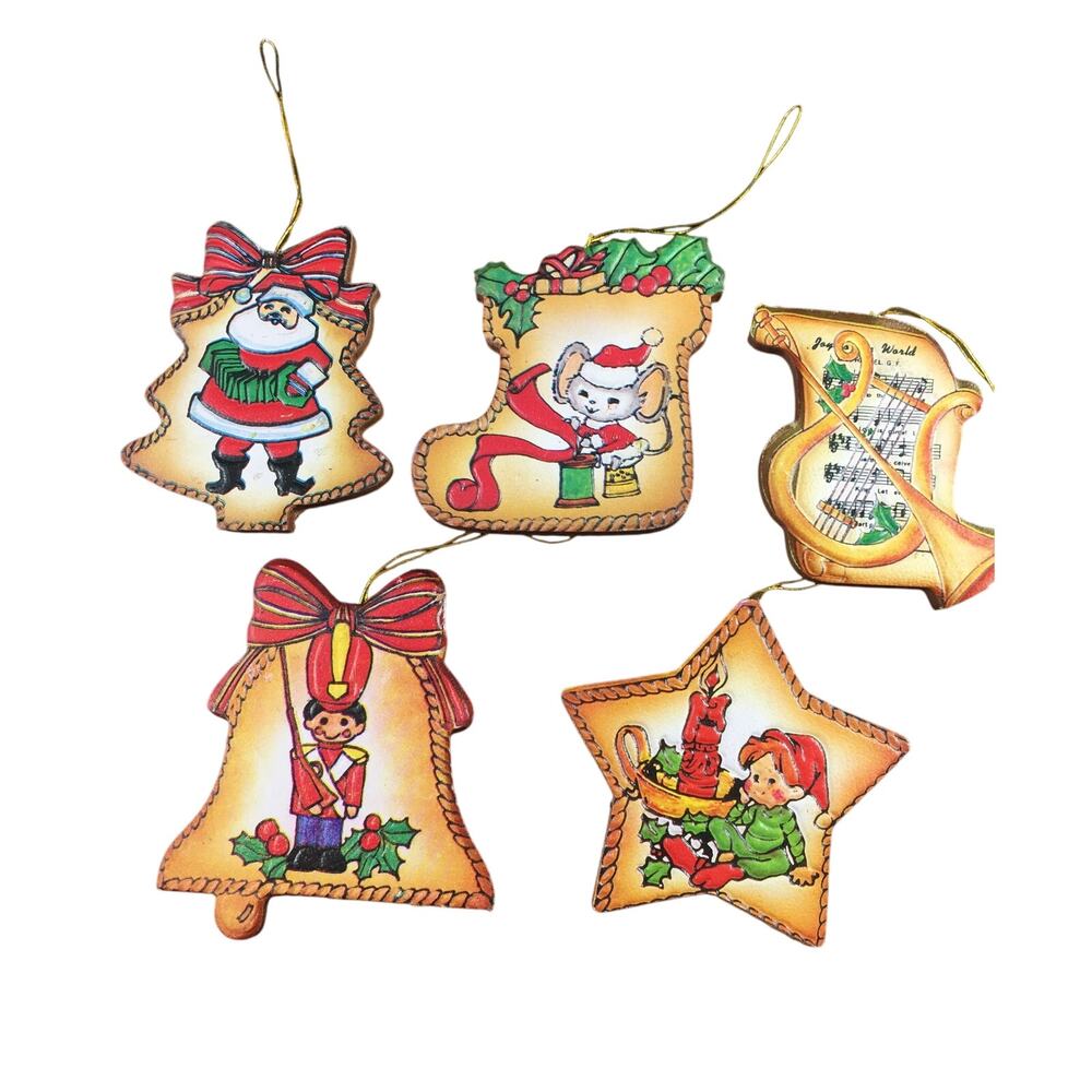 1970s Vintage Christmas Tree Ornaments - Leatherette and Wood, 10 Unique Designs